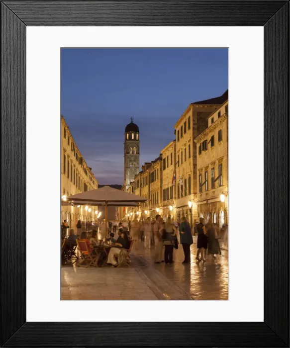 Framed Print : People strolling and cafes, Placa lit up at dusk, Dubrovnik, Croatia, Europe Framed Print : People strolling and cafes, Placa lit up at dusk, Dubrovnik, Croatia, Europe