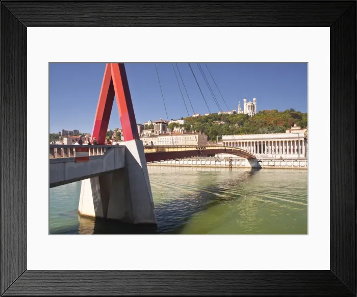 Framed Print : Passerelle du Palais de Justice over the River Saone, with the Palais de Justice in the background along with Notre Dame de Fourviere, Lyon, Rhone, Rhone-Alpes, France, Europe