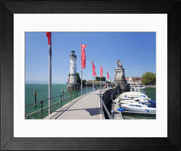Framed Print : Lighthouse and the sculpture of the Bavarian Lion, Lindau, Lake Constance, Bavaria, Germany, Europe