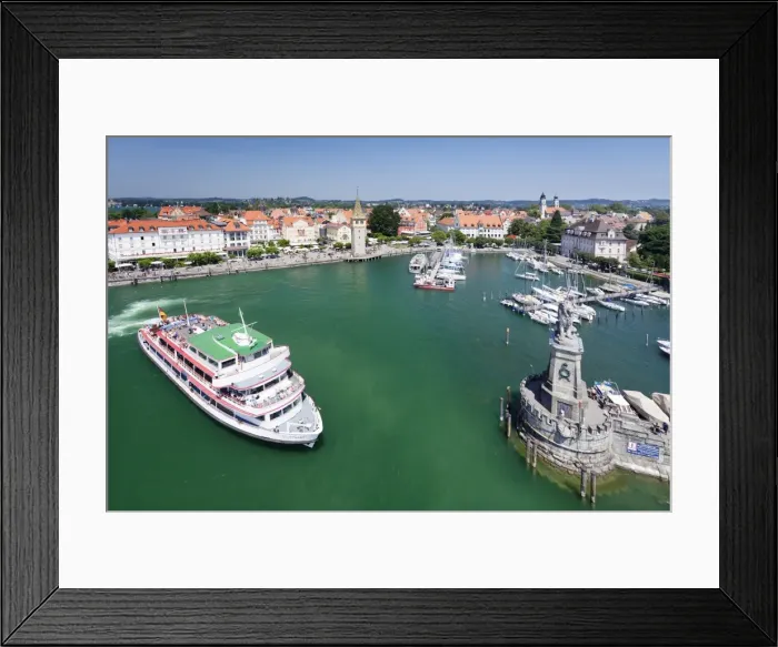 Framed Print : Excursion boat at the port with the old town and the sculpture of the Bavarian Lion, Lindau, Lake Constance, Bavaria, Germany, Europe Framed Print : Excursion boat at the port with the old town and the sculpture of the Bavarian Lion, Lindau, Lake Constance, Bavaria, Germany, Europe