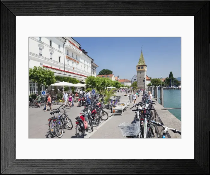 Framed Print : Bicycles at the promenade with the Mangturm tower, Lindau, Lake Constance, Bavaria, Germany, Europe