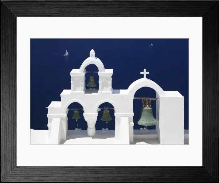 Framed Print : White bell tower and sailing boat, Oia, Santorini, Cyclades, Aegean Sea, Greek Islands, Greece, Europe Framed Print : White bell tower and sailing boat, Oia, Santorini, Cyclades, Aegean Sea, Greek Islands, Greece, Europe