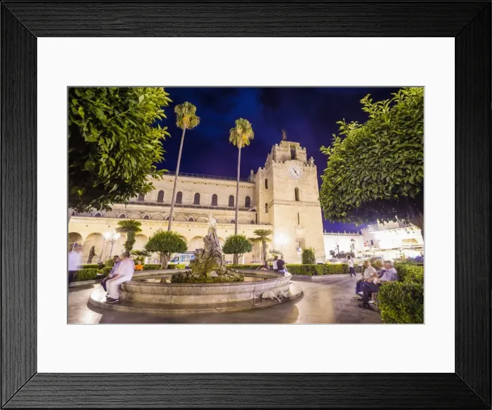 Framed Print : Monreale Cathedral at night, Sicilian people at the fountain in Guglielmo Square, Monreale, near Palermo, Sicily, Italy, Europe Framed Print : Monreale Cathedral at night, Sicilian people at the fountain in Guglielmo Square, Monreale, near Palermo, Sicily, Italy, Europe