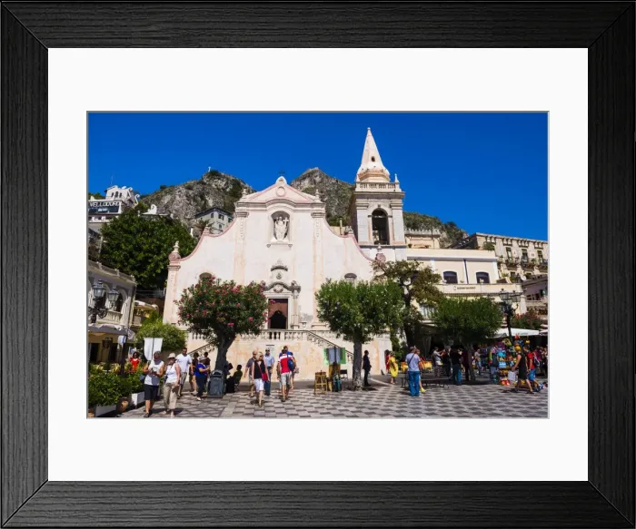 Framed Print : Tourists visiting Church of St. Joseph in Piazza IX Aprile on Corso Umberto, the main street in Taormina, Sicily, Italy, Europe Framed Print : Tourists visiting Church of St. Joseph in Piazza IX Aprile on Corso Umberto, the main street in Taormina, Sicily, Italy, Europe