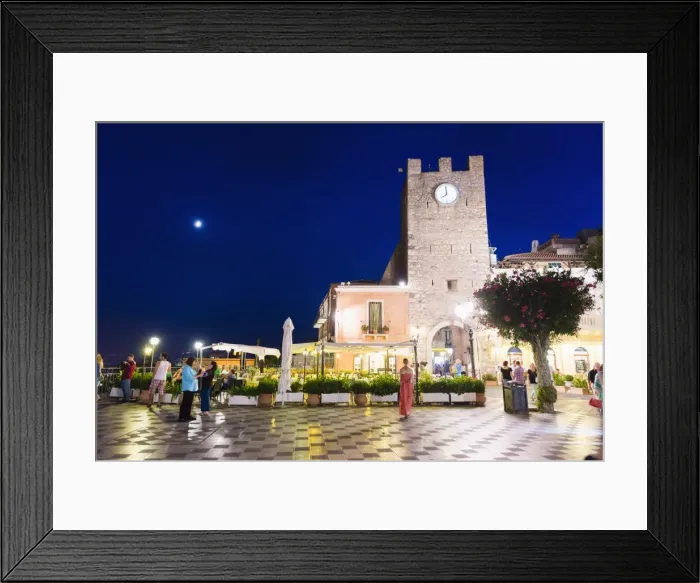 Framed Print : Taormina at night, the clock tower in Piazza IX Aprile on Corso Umberto, the main street in Taormina, Sicily, Italy, Europe Framed Print : Taormina at night, the clock tower in Piazza IX Aprile on Corso Umberto, the main street in Taormina, Sicily, Italy, Europe
