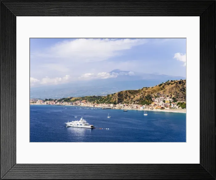 Framed Print : Giardini Naxos Bay, luxury yacht in front of Mount Etna Volcano, Taormina, Sicily, Italy, Mediterranean, Europe Framed Print : Giardini Naxos Bay, luxury yacht in front of Mount Etna Volcano, Taormina, Sicily, Italy, Mediterranean, Europe