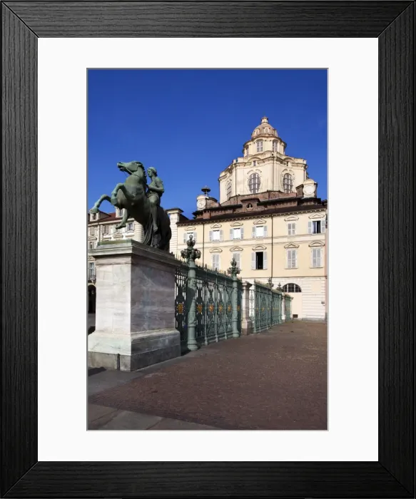 Framed Print : Statue and railings in Piazza Reale with San Lorenzo Church, Turin, Piedmont, Italy, Europe Framed Print : Statue and railings in Piazza Reale with San Lorenzo Church, Turin, Piedmont, Italy, Europe