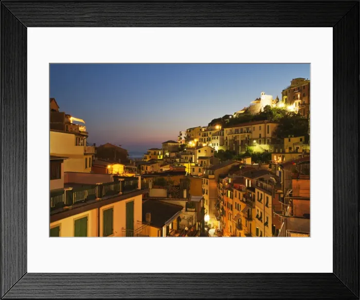 Framed Print : Riomaggiore rooftops and the Castle at dusk, Cinque Terre, UNESCO World Heritage Site, Liguria, Italy, Mediterranean, Europe Framed Print : Riomaggiore rooftops and the Castle at dusk, Cinque Terre, UNESCO World Heritage Site, Liguria, Italy, Mediterranean, Europe