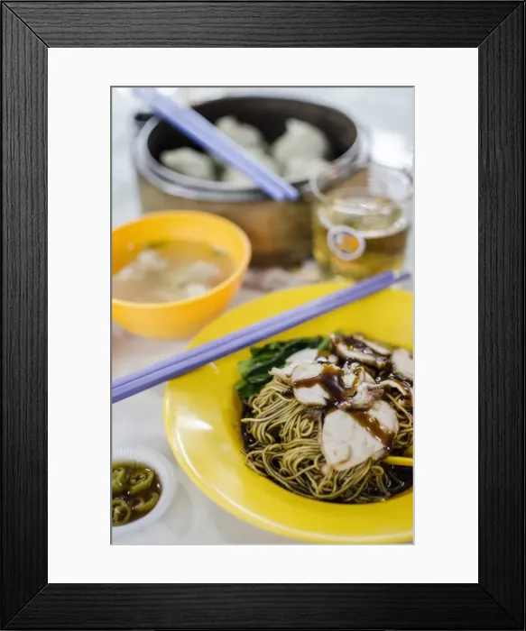 Framed Print : Pork noodles (mee), served with pickled chillies, a broth, wontons and beer, at Taman Dessa food court, Kuala Lumpur, Malaysia, Southeast Asia, Asia Framed Print : Pork noodles (mee), served with pickled chillies, a broth, wontons and beer, at Taman Dessa food court, Kuala Lumpur, Malaysia, Southeast Asia, Asia