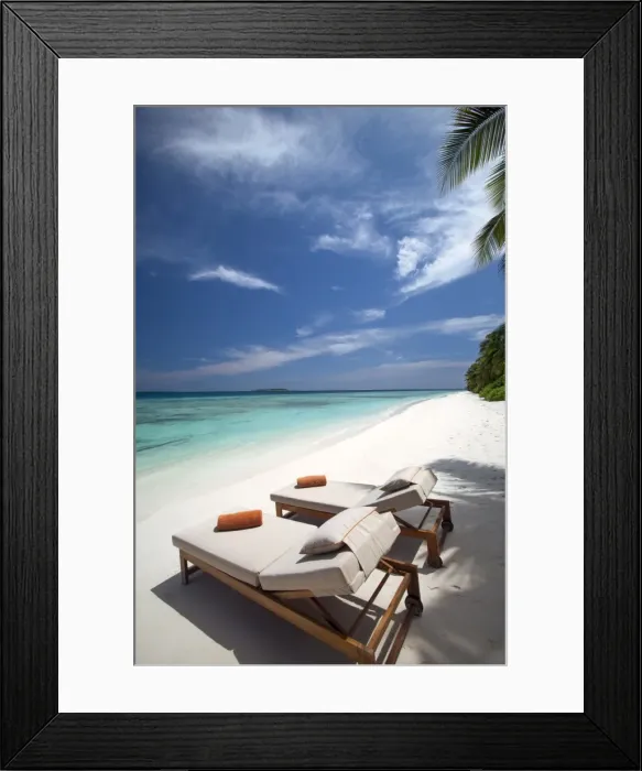 Framed Print : Lounge chairs on tropical beach, Maldives, Indian Ocean, Asia Framed Print : Lounge chairs on tropical beach, Maldives, Indian Ocean, Asia