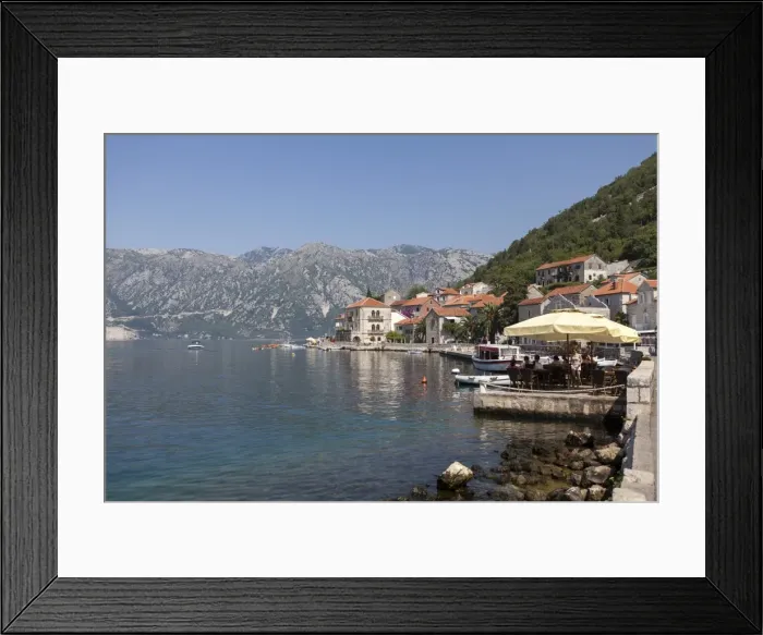 Framed Print : Perast harbour and promenade with tourists and inhabitants eating and drinking, Bay of Kotor, Montenegro, Europe Framed Print : Perast harbour and promenade with tourists and inhabitants eating and drinking, Bay of Kotor, Montenegro, Europe