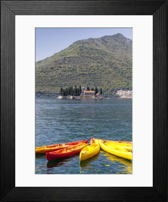 Framed Print : View of St. George Island with kayaks in the foreground, Perast, Bay of Kotor, UNESCO World Heritage Site, Montenegro, Europe Framed Print : View of St. George Island with kayaks in the foreground, Perast, Bay of Kotor, UNESCO World Heritage Site, Montenegro, Europe