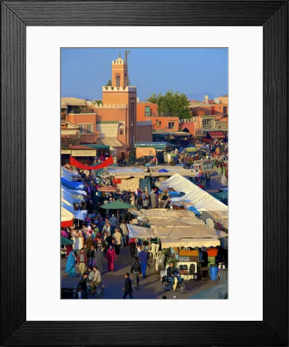 Framed Print : Restaurants, terraces, Kharbouch mosque and minaret, Jemaa-el-Fna Square, Marrakech, Morocco, North Africa, Africa Framed Print : Restaurants, terraces, Kharbouch mosque and minaret, Jemaa-el-Fna Square, Marrakech, Morocco, North Africa, Africa