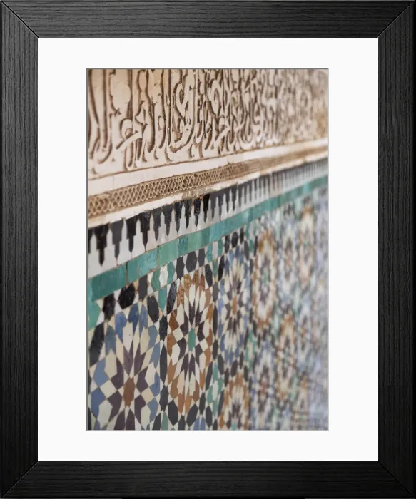 Framed Print : Traditional Moroccan Zallij tile work in the Ben Youssef Medersa, UNESCO World Heritage Site, Marrakech, Morocco, North Africa, Africa Framed Print : Traditional Moroccan Zallij tile work in the Ben Youssef Medersa, UNESCO World Heritage Site, Marrakech, Morocco, North Africa, Africa