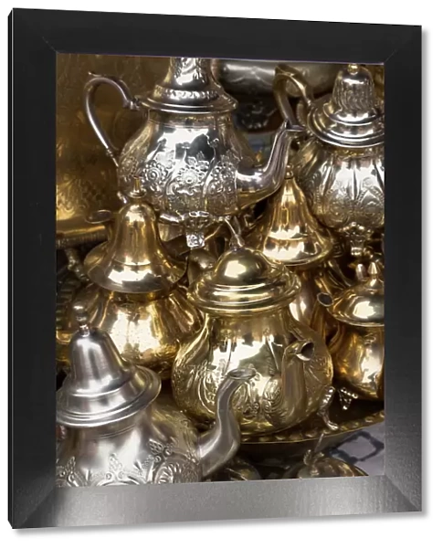 Traditional Moroccan teapots for sale in the souks, Marrakech, Morocco, North Africa, Africa