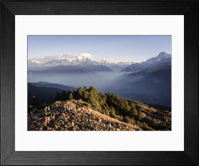 Framed Print : Tourists gather on Poon Hill to watch the sunrise over the Annapurna Himal, with Dhaulagiri, 8167m, Dhampus Peak, 6012m, and Tukuche Peak, 6920m and Nilgiri, 7061m, visible in the background, Annapurna Conservation Area, Nepal, Himalayas, Asia Framed Print : Tourists gather on Poon Hill to watch the sunrise over the Annapurna Himal, with Dhaulagiri, 8167m, Dhampus Peak, 6012m, and Tukuche Peak, 6920m and Nilgiri, 7061m, visible in the background, Annapurna Conservation Area, Nepal, Himalayas, Asia