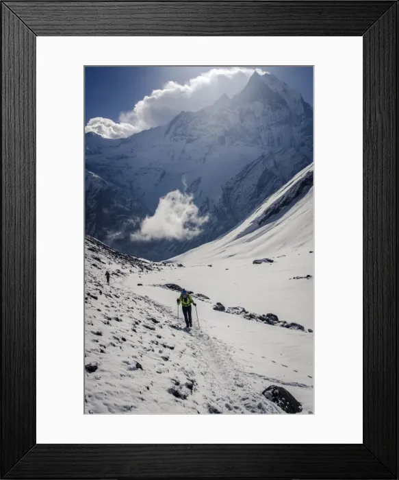 Framed Print : A hiker ascends the Modi Khola Valley to reach Annapurna Base Camp, 4130m, with Machhapuchhare, 6993m, in the background, Annapurna Conservation Area, Nepal, Himalayas, Asia Framed Print : A hiker ascends the Modi Khola Valley to reach Annapurna Base Camp, 4130m, with Machhapuchhare, 6993m, in the background, Annapurna Conservation Area, Nepal, Himalayas, Asia