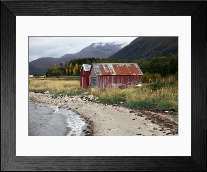Framed Print : Two old boat sheds, Balsfjord, Troms, North Norway, Norway, Scandinavia, Europe Framed Print : Two old boat sheds, Balsfjord, Troms, North Norway, Norway, Scandinavia, Europe
