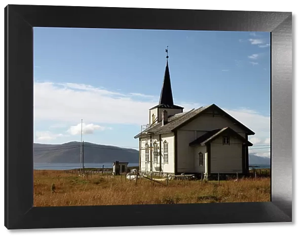 Church at uninhabited island of Helgoy, Troms, North Norway, Norway, Scandinavia, Europe