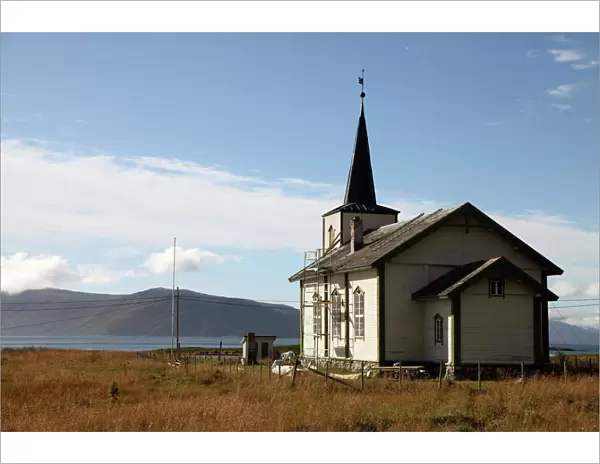 Church at uninhabited island of Helgoy, Troms, North Norway, Norway, Scandinavia, Europe