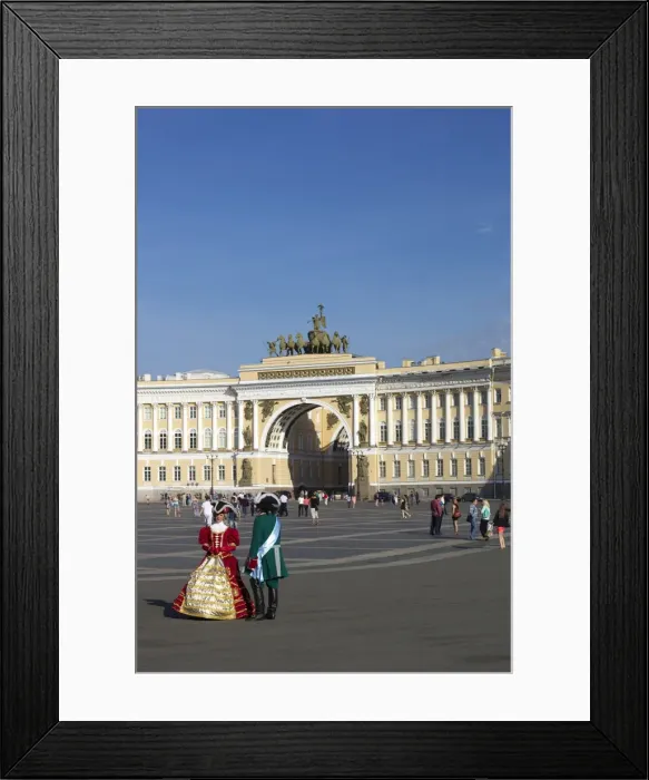 Framed Print : Costumed figures in Palace Square, and General Staff Building, Palace Square, St. Petersburg, Russia, Europe Framed Print : Costumed figures in Palace Square, and General Staff Building, Palace Square, St. Petersburg, Russia, Europe