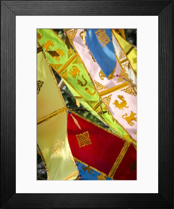Framed Print : Thai New Year decorations blow in the wind, Wat Chedi Luang, Chiang Mai, Thailand, Southeast Asia, Asia