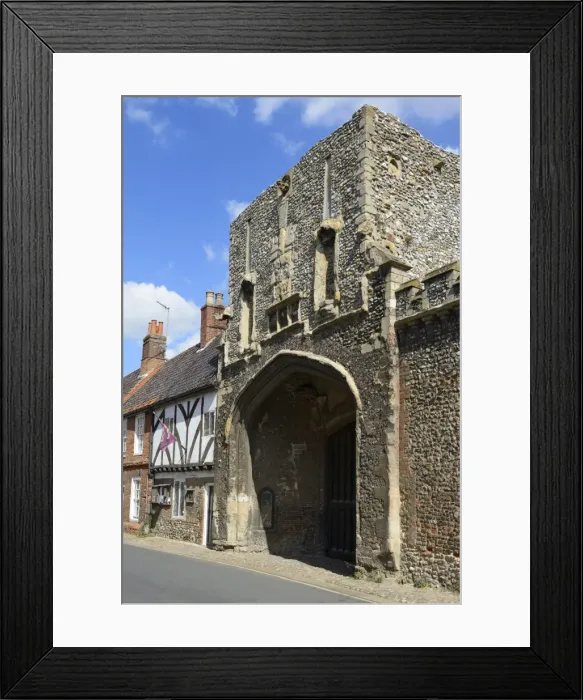 Framed Print : The old Abbey entrance and medieval timber framed houses, High Street, Little Walsingham, Norfolk, England, United Kingdom, Europe