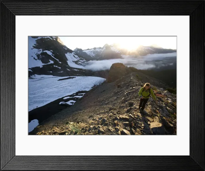 Framed Print : Woman hiking near Mount Olympus and Blue Glacier, Olympic National Park, UNESCO World Heritage Site, Washington State, United States of America, North America Framed Print : Woman hiking near Mount Olympus and Blue Glacier, Olympic National Park, UNESCO World Heritage Site, Washington State, United States of America, North America