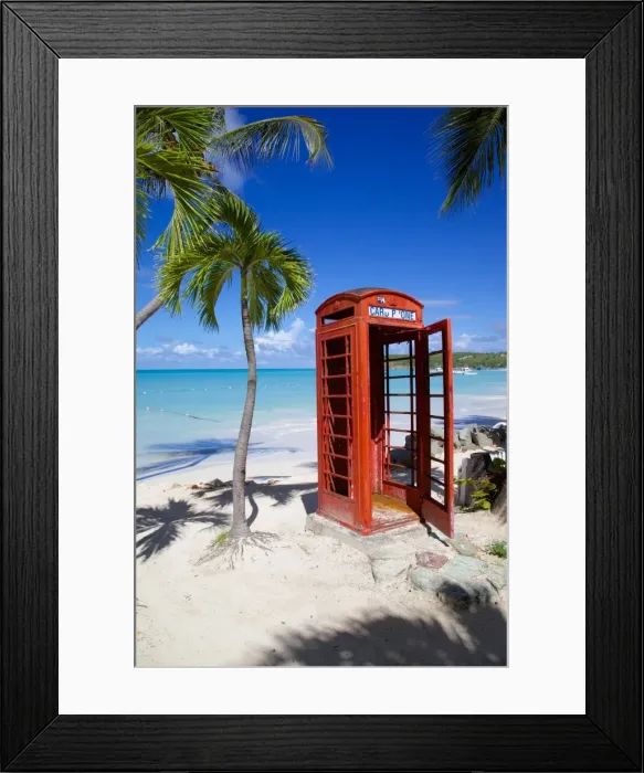 Framed Print : Beach and red telephone box, Dickenson Bay, St. Georges, Antigua, Leeward Islands, West Indies, Caribbean, Central America Framed Print : Beach and red telephone box, Dickenson Bay, St. Georges, Antigua, Leeward Islands, West Indies, Caribbean, Central America