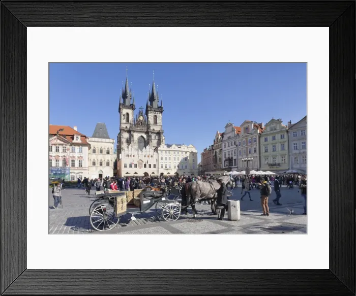 Framed Print : Horse carriage at the Old Town Square (Staromestske namesti) with Tyn Cathedral (Church of Our Lady Before Tyn), Prague, Bohemia, Czech Republic, Europe