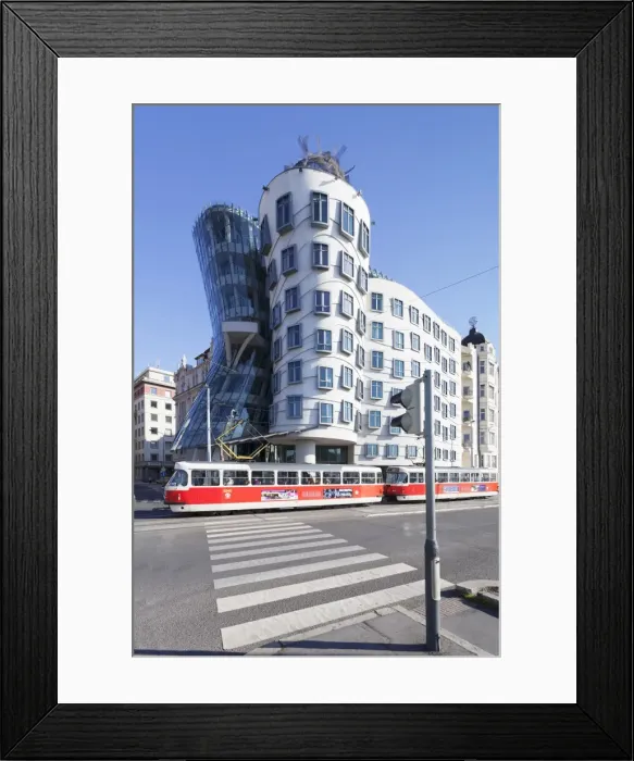 Framed Print : Tram in front of the Dancing House (Ginger and Fred) by Frank Gehry, Prague, Bohemia, Czech Republic, Europe Framed Print : Tram in front of the Dancing House (Ginger and Fred) by Frank Gehry, Prague, Bohemia, Czech Republic, Europe