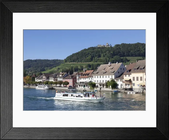 Framed Print : Excursion boat on the Rhine River with Burg Hohenklingen castle, Stein am Rhein, Canton Schaffhausen, Switzerland, Europe Framed Print : Excursion boat on the Rhine River with Burg Hohenklingen castle, Stein am Rhein, Canton Schaffhausen, Switzerland, Europe