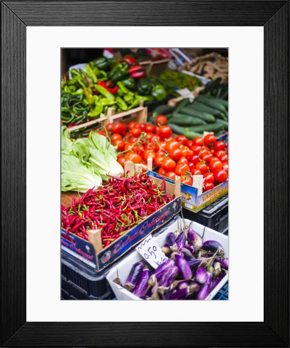 Framed Print : Chillies and tomatoes for sale at Capo Market, a fruit, vegetable and food market in Palermo, Sicily, Italy, Europe