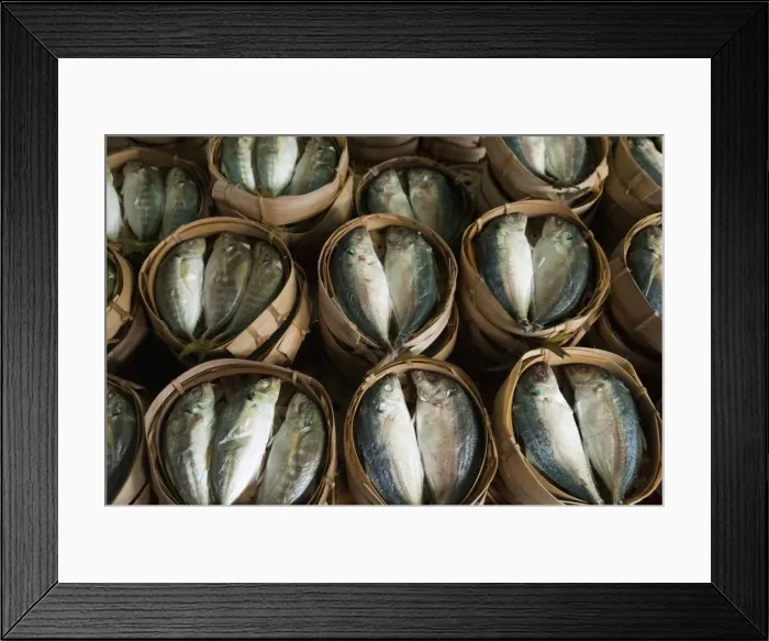 Framed Print : Fish sold in bamboo containers ready for steaming at Talat Thong Khan Kham market, Vientiane, Laos, Indochina, Southeast Asia, Asia Framed Print : Fish sold in bamboo containers ready for steaming at Talat Thong Khan Kham market, Vientiane, Laos, Indochina, Southeast Asia, Asia