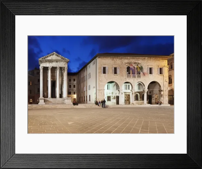 Framed Print : Illuminated Temple of Augustus and town hall on the marketplace in the old town at night, Pula, Istria, Croatia, Europe Framed Print : Illuminated Temple of Augustus and town hall on the marketplace in the old town at night, Pula, Istria, Croatia, Europe