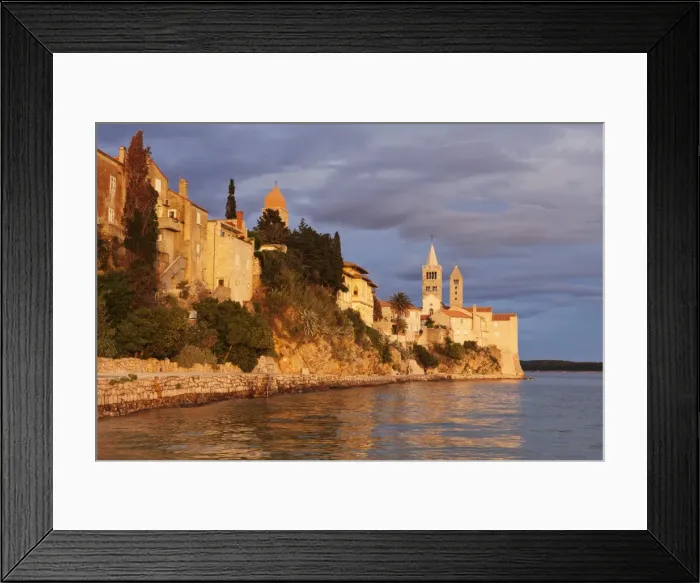 Framed Print : Old town of Rab town with four medieval belltowers at sunset, Rab town, Rab Island, Kvarner region, Dalmatia, Adriatic Sea, Croatia, Europe Framed Print : Old town of Rab town with four medieval belltowers at sunset, Rab town, Rab Island, Kvarner region, Dalmatia, Adriatic Sea, Croatia, Europe