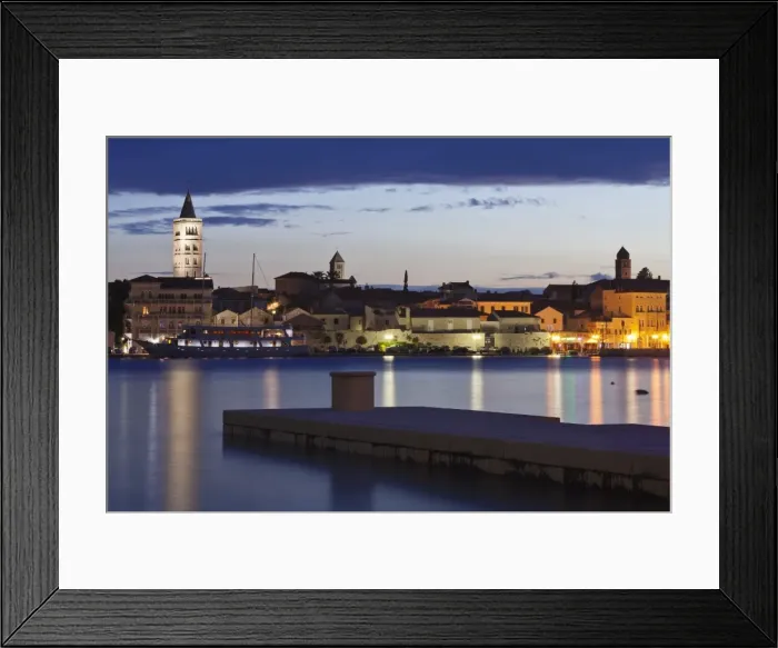 Framed Print : Old town of Rab town with Belfry of St. Justines church, great bell tower of St. Marys church, campanile of church of St. John and campanile of monastery of St. Andrew at dusk, Rab town, Rab Island, Kvarner region, Dalmatia, Adriatic Sea, Croatia, Europe Framed Print : Old town of Rab town with Belfry of St. Justines church, great bell tower of St. Marys church, campanile of church of St. John and campanile of monastery of St. Andrew at dusk, Rab town, Rab Island, Kvarner region, Dalmatia, Adriatic Sea, Croatia, Europe