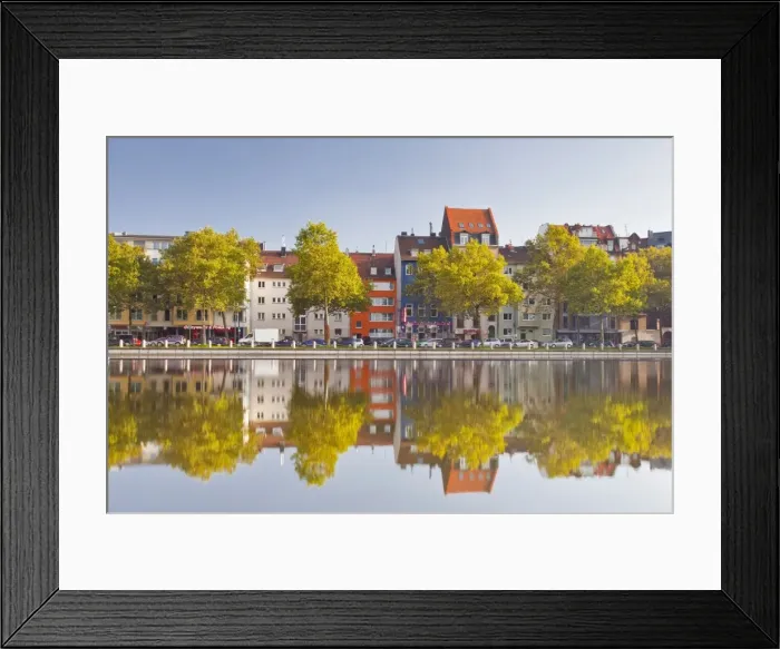 Framed Print : Houses and shops reflecting in a pond, Cologne, North Rhine-Westphalia, Germany, Europe Framed Print : Houses and shops reflecting in a pond, Cologne, North Rhine-Westphalia, Germany, Europe