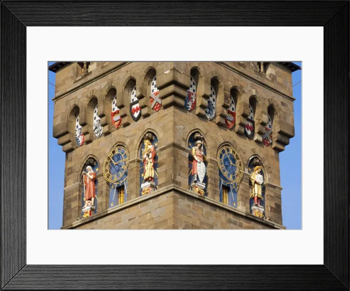Framed Print : A detailed view of the Clock Tower at Cardiff Castle, Cardiff, Glamorgan, Wales, United Kingdom, Europe Framed Print : A detailed view of the Clock Tower at Cardiff Castle, Cardiff, Glamorgan, Wales, United Kingdom, Europe