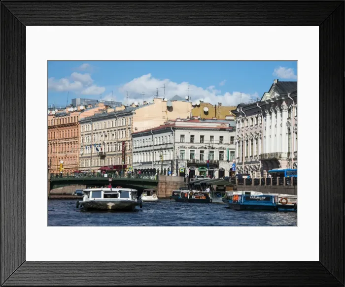 Framed Print : Tourist boat on a water channel in the center of St. Petersburg, Russia, Europe Framed Print : Tourist boat on a water channel in the center of St. Petersburg, Russia, Europe