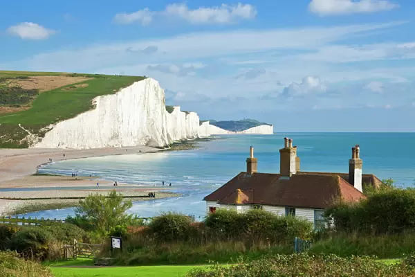 The Seven Sisters cliffs, the coastguard cottages South Downs Way, South Downs National Park, East Sussex, England, United Kingdom, Europe