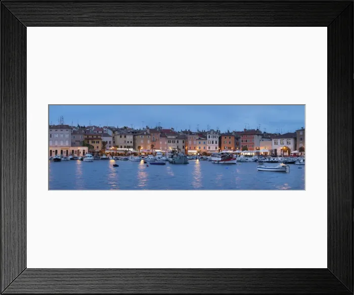 Framed Print : Panoramic image of the waterfront and harbour with ships and boats at dusk, Rovinj, Istria, Croatia, Europe Framed Print : Panoramic image of the waterfront and harbour with ships and boats at dusk, Rovinj, Istria, Croatia, Europe