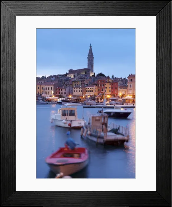 Framed Print : Ships and boats in the harbour and the old town with cathedral of St. Euphemia at dusk, Rovinj, Istria, Croatia, Europe Framed Print : Ships and boats in the harbour and the old town with cathedral of St. Euphemia at dusk, Rovinj, Istria, Croatia, Europe