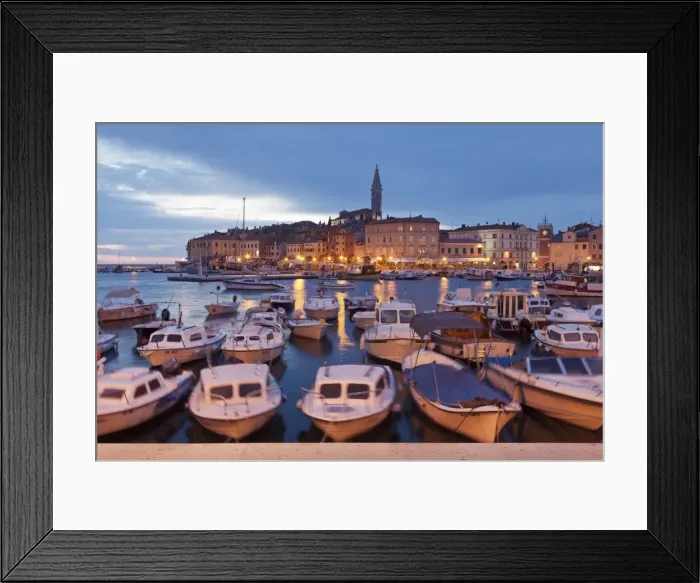 Framed Print : Ships and boats in the harbour and the old town with cathedral of St. Euphemia at dusk, Rovinj, Istria, Croatia, Europe Framed Print : Ships and boats in the harbour and the old town with cathedral of St. Euphemia at dusk, Rovinj, Istria, Croatia, Europe