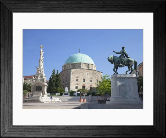 Framed Print : Mosque Church, Trinity Column and statue of Janos Hunyadi, Pecs, Southern Transdanubia, Hungary, Europe Framed Print : Mosque Church, Trinity Column and statue of Janos Hunyadi, Pecs, Southern Transdanubia, Hungary, Europe