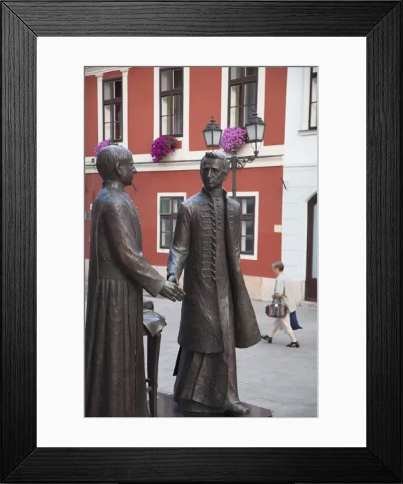 Framed Print : Statue of Anyos Jedlik and Gergely Czuczor in Szechenyi Square, Gyor, Western Transdanubia, Hungary, Europe