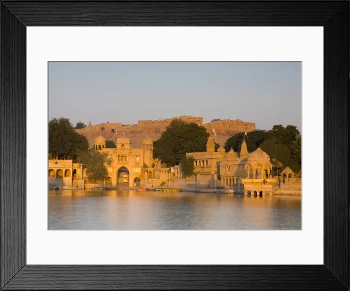 Framed Print : Jaisalmer Fortress and Gadsisar Lake illuminated at sunrise, Jaisalmer, Rajasthan, India, Asia Framed Print : Jaisalmer Fortress and Gadsisar Lake illuminated at sunrise, Jaisalmer, Rajasthan, India, Asia