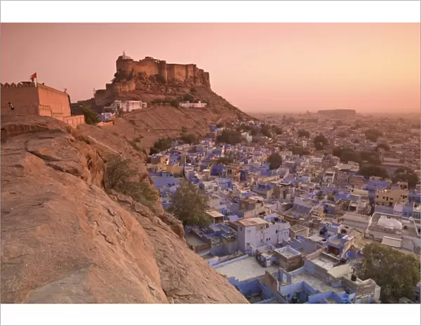 Elevated view towards Meherangarh Fort with Blue City below, Jodhpur, Western Rajasthan, India, Asia