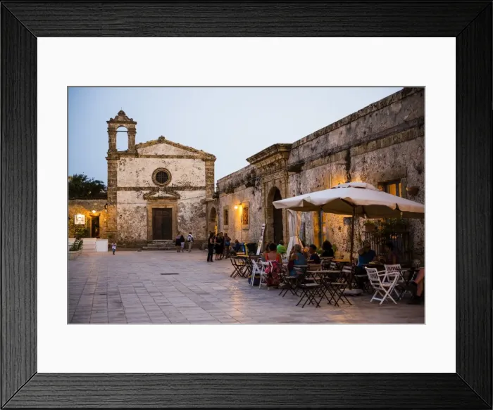 Framed Print : Tourist at a restaurant, Church of St Francis of Paolo in the main square, Marzamemi, Sicily, Italy, Europe Framed Print : Tourist at a restaurant, Church of St Francis of Paolo in the main square, Marzamemi, Sicily, Italy, Europe