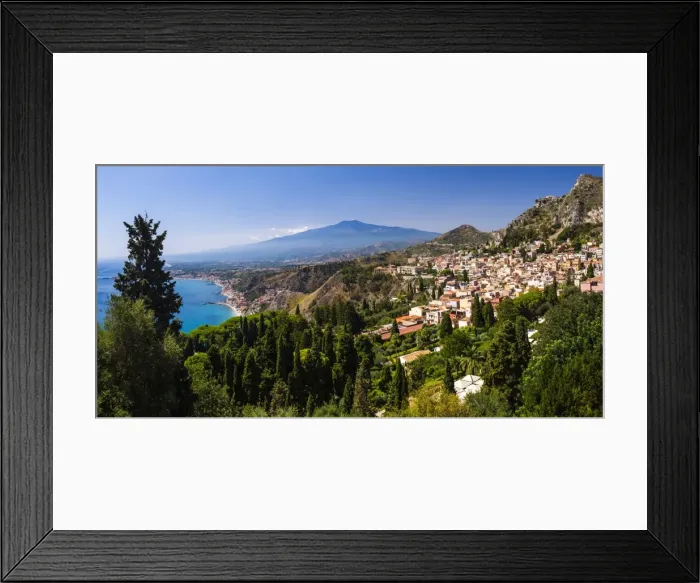 Framed Print : Taormina and Mount Etna Volcano seen from Teatro Greco (Greek Theatre), Taormina, Sicily, Italy, Mediterranean, Europe